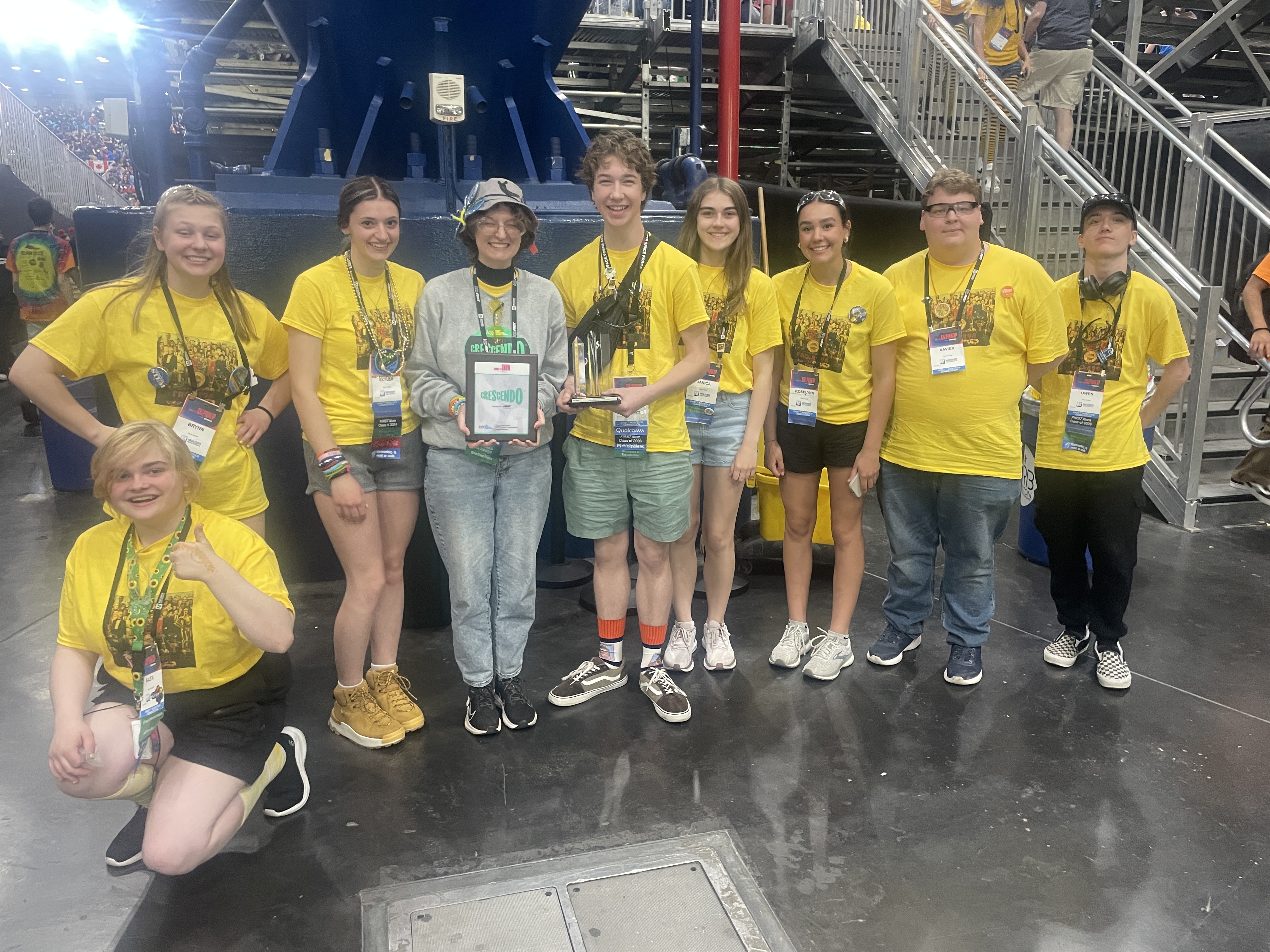 Members of the Luverne High School robotics team pose with their Judges Award. Pictured are (from left) Alex Perkins (kneeling), Brynn Boyenga, Skylar Vander Steen, Zoey Berghorst, Zander Carbonneau, Janica Oechsle, Roselynn Hartshorn, Xavier McKenzie and Owen Stephenson. Submitted Photo