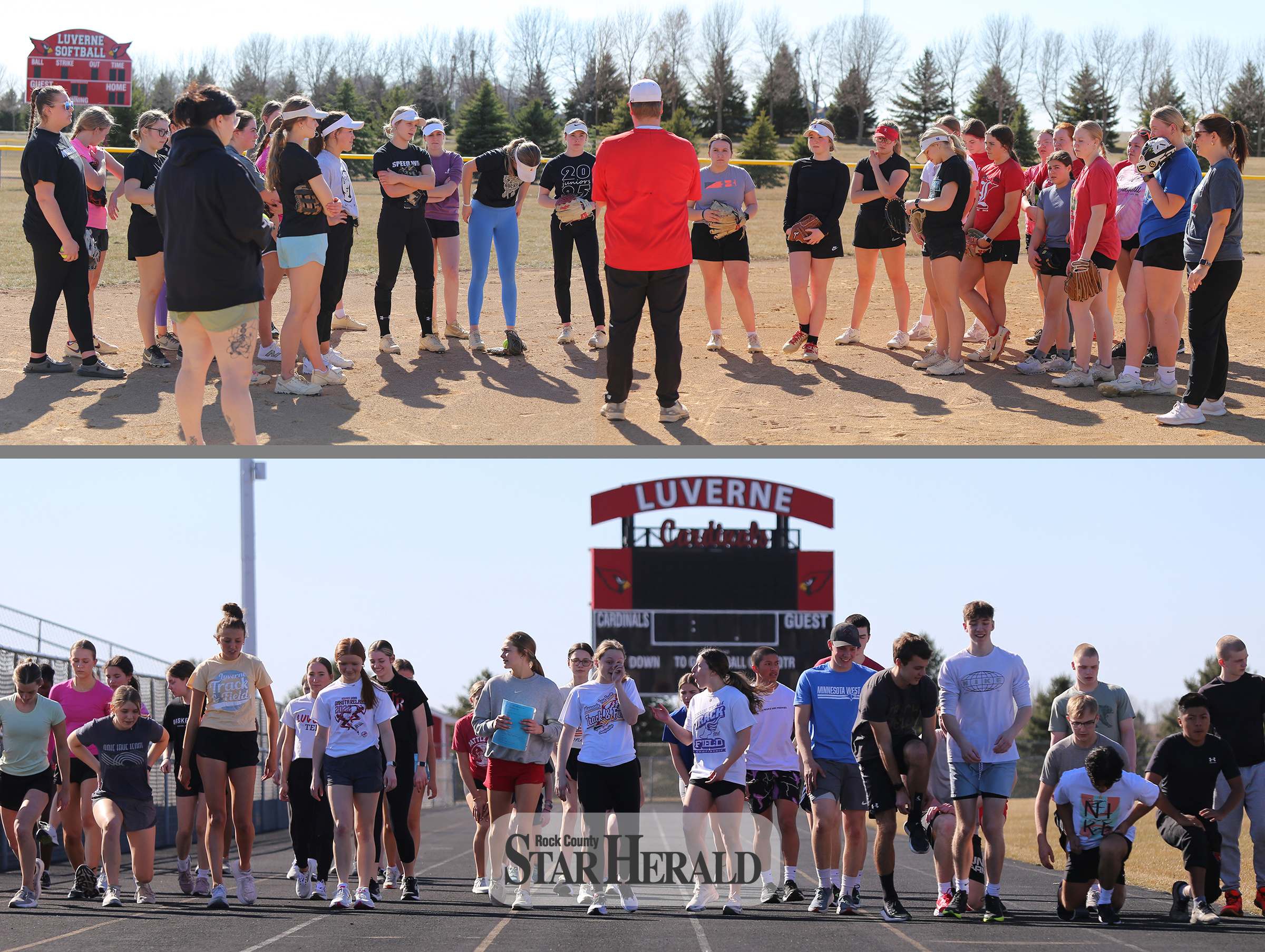 Top: Luverne junior varsity and varsity girls’ softball teams practice together in warm 69-degree weather. Bottom: The Luverne track and field teams enjoy spring training in warm temperatures Tuesday, March 12. Greg Hoogeveen photos