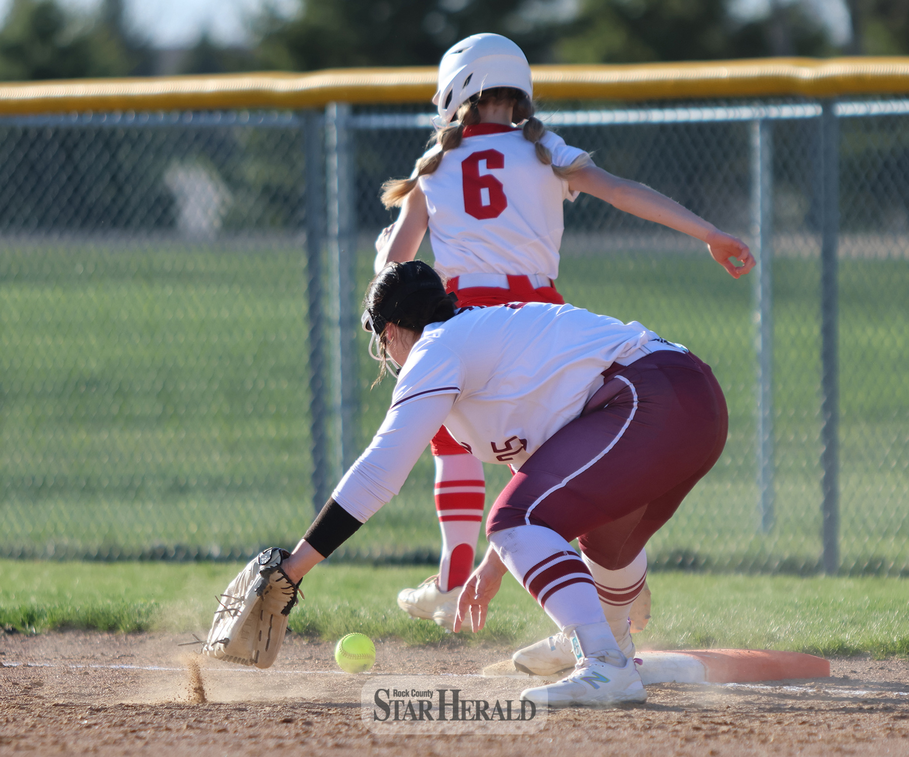 Sophomore Allie Kracht beats the ball to first base against Fairmont Monday, April 22, in Luverne. LHS fell 7-1 in the game. 