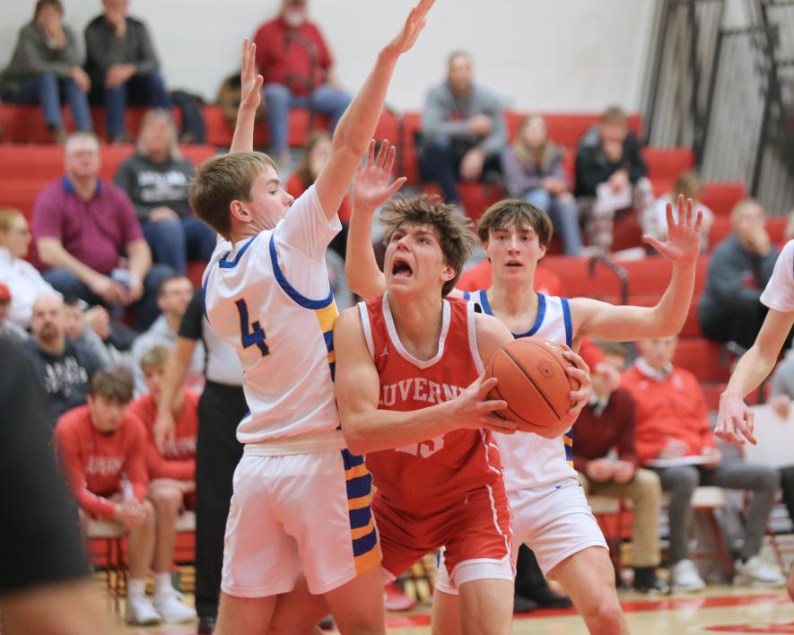 LHS junior Landon Ahrendt drives through a Windom player on his way to the hoop. Luverne beat Windom 91-82 at home Tuesday, Jan. 2.