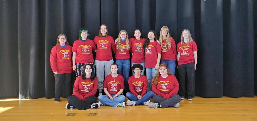 The one act play, “Complaint Department and Lemonade,” will be performed by Hills-Beaver Creek High School students Friday, Jan. 19, and Sunday, Jan. 21, at the high school in Hills. Cast members include (front, from left) Caidence Ellis, Sarah Prohl, Taty Williams, Lilith Volden, (back) Isabella DeBoer, Kadence Rozeboom, Lexxus Wessels, Brooklynne Hubbard, Ava Rainford, Carie Merson, Joy Taubert and Tahliya Kruger. Submitted Photo