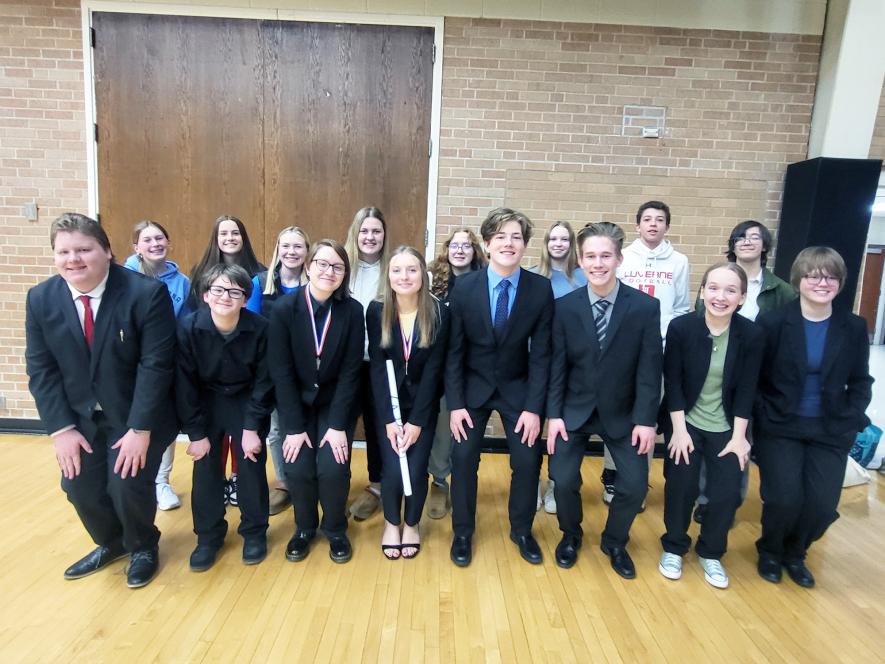 At the Big South Conference speech meet on Thursday, March 21, in Worthington, Luverne placed second in the small school division. Members include (front, from left) Xavier McKenzie, Jackson Viger, Bri Kinsinger, Jessika Tunnissen, Tyler Hodge, William Johnson, Emma Abrahamson, Natalie Berning, (back) Bridget Sandager, Ingrid Mostad, Macrina Reverts, Maddy Schepel, Anna Reisdorfer, Brooke Vos, Lucas Williamson and Makayla Oechsle.