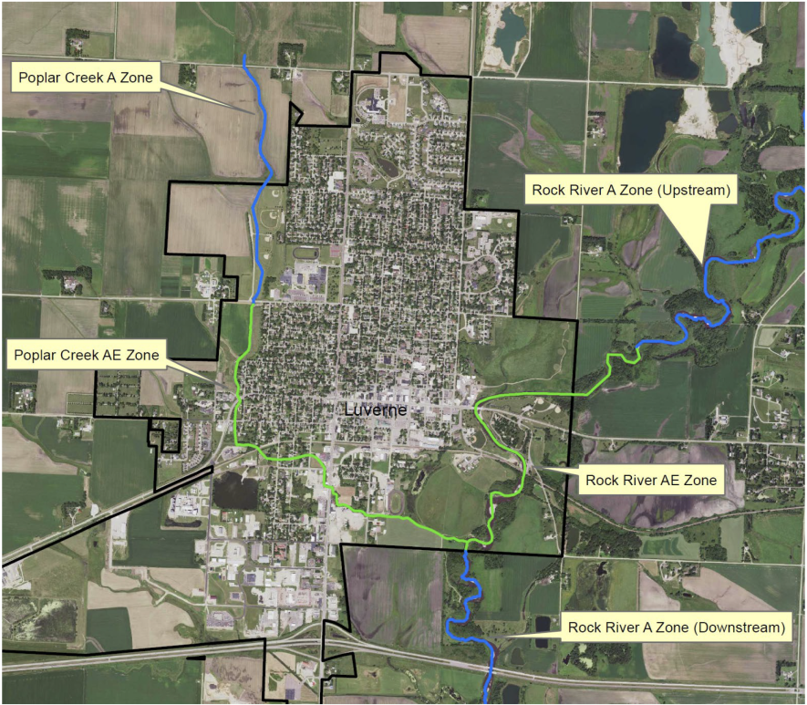 In the city of Luverne, the Minnesota Department of Natural Resources will update the hydrology maps involving Poplar Creek (left) and the Rock River (right) that will include the effect of the retention projects constructed in the 1990s for flood storage.