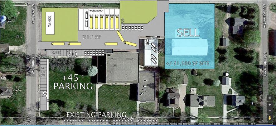 At their Monday night meeting, the Hills-Beaver Creek School Board decided to build a new bus and vehicle garage at the H-BC High School facility and to designate the existing garage and surrounding acreage as excess property to be offered for sale.  Graphic courtesy of ATSR Architects