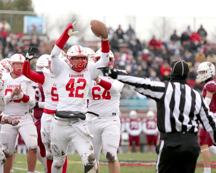 LHS senior Conner Connell lifts the ball after falling on a fumble by Fairmont in the first half. Luverne fell to Fairmont 32-0 in Section 3A semifinal action on the road Saturday, Oct. 28.