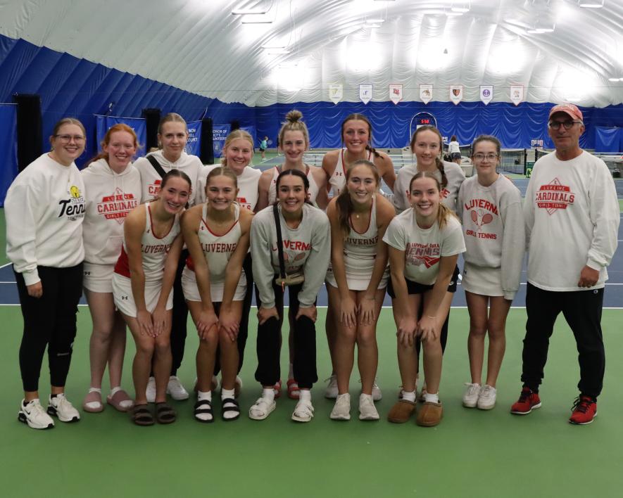 The Luverne girls’ tennis team takes a group shot at state, played in the Reed-Sweatt Family Tennis Center in Minneapolis. Team members are (front, from left) Morgan Hadler, Sarah Stegenga, Roselynn Hartshorn, Rayann Remme, Cassi Chesley, (back) Caitlin Kindt, Hannah Kempema, Emma Nath, Addyson Mann, Corynn Oye, Augusta Papik, Katia Jarchow, Maddi Hanson and head coach Jon Beers.