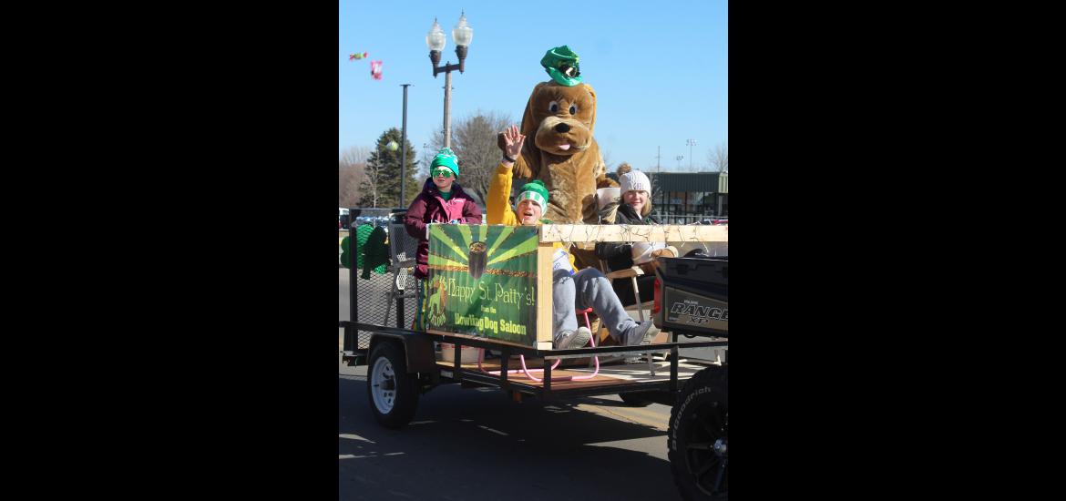 Showing some St. Patrick’s Day spirit for the Howling Dog, Luverne, are (from left) Cory Schomacker, Braxton Lafrenz, Brandon Eaton (dressed as the dog) and Macrina Reverts. Mavis Fodness/Rock County Star Herald Photo
