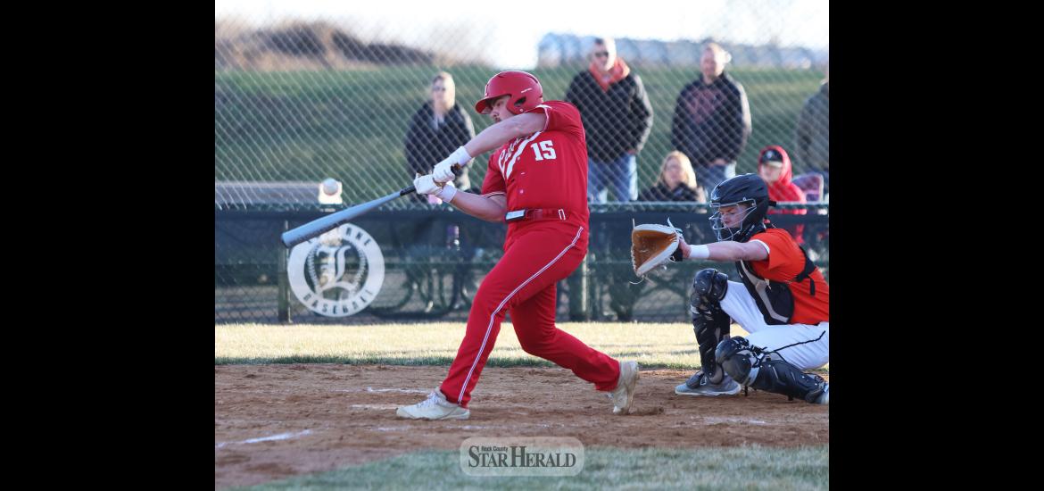 LHS senior Will Serie connects with the ball against Marshall at home Tuesday, April 9. Serie had one hit and two RBIs in the 9-5 loss to the Tigers.