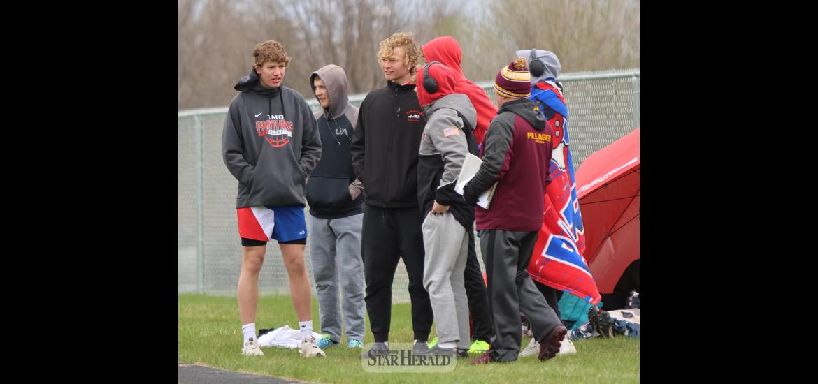 With temps in the mid 30s and wind gusts up to 20 mph, athletes bundle up for the Pipestone track meet Saturday, April 20. LHS and H-BC teams performed well considering the weather.