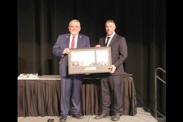 Sen. Bill Weber (left), pictured with MPB vice president Todd Selvik, is honored as the Minnesota Pork Board 2024 Legislator of Distinction Feb. 12 at the MPB award recognition ceremony in Mankato. Photo courtesy of the Minnesota Pork Board