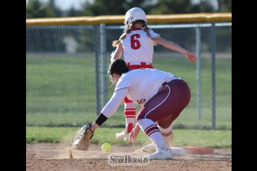 Sophomore Allie Kracht beats the ball to first base against Fairmont Monday, April 22, in Luverne. LHS fell 7-1 in the game. 