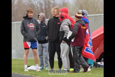 With temps in the mid 30s and wind gusts up to 20 mph, athletes bundle up for the Pipestone track meet Saturday, April 20. LHS and H-BC teams performed well considering the weather.