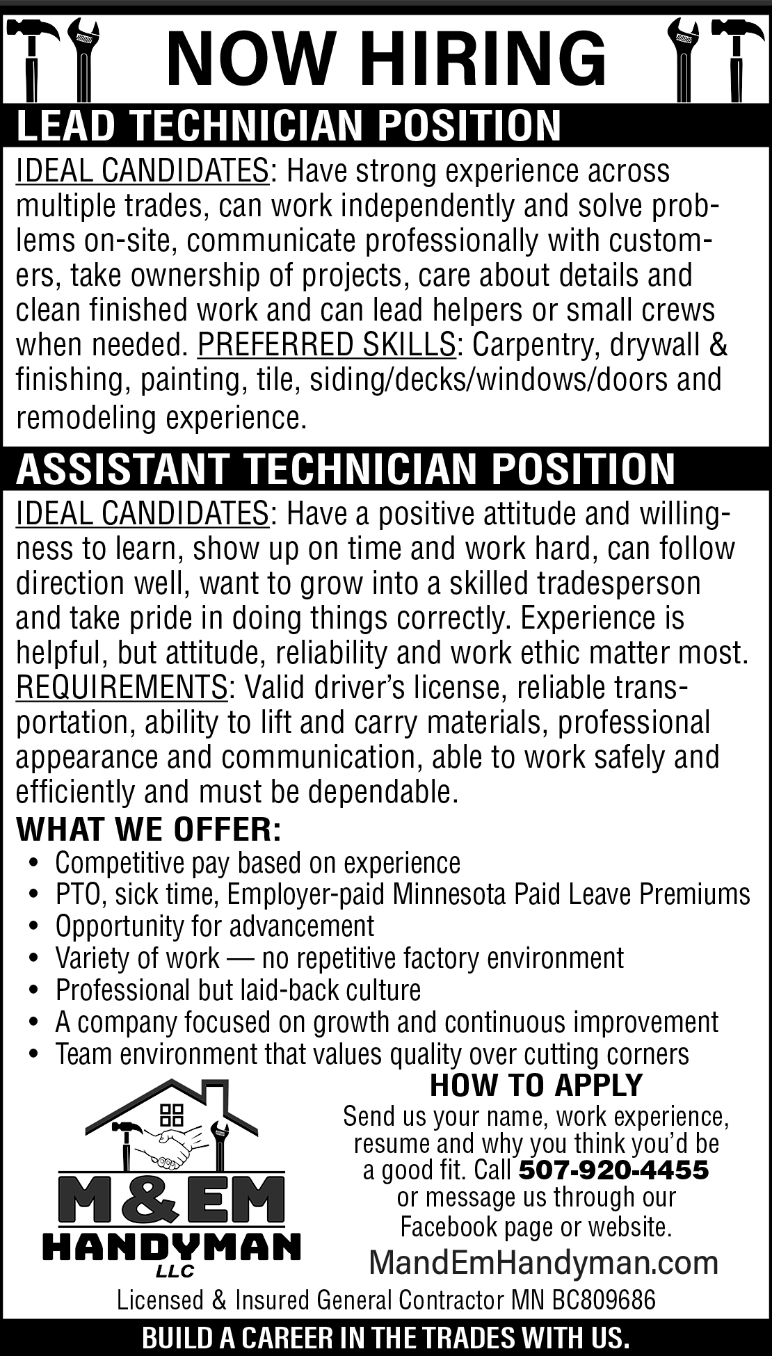 M & EM Handyman - Lead Technician and Assistant Technician HW