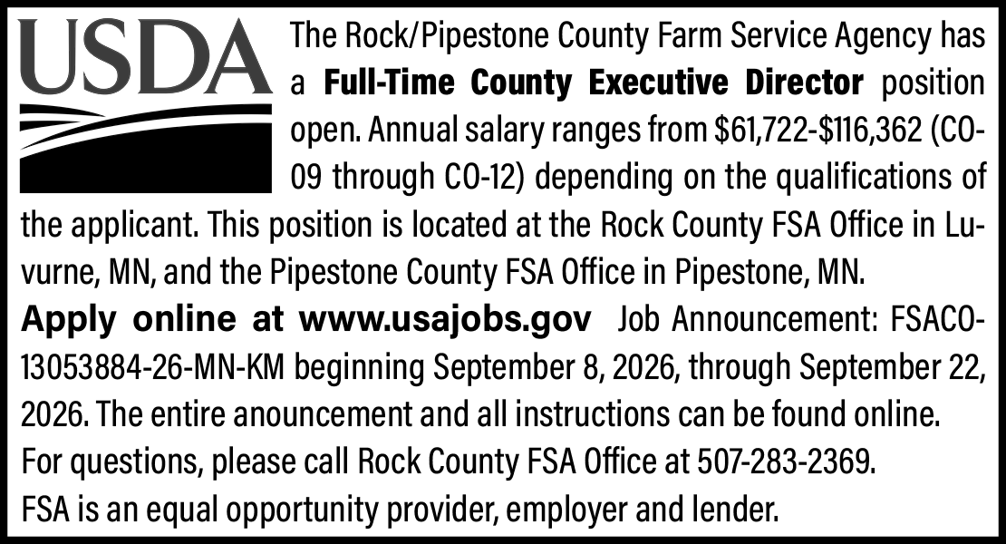 USDA - Rock/Pipestone Farm Service Agency - FULL-TIME County Executive Director