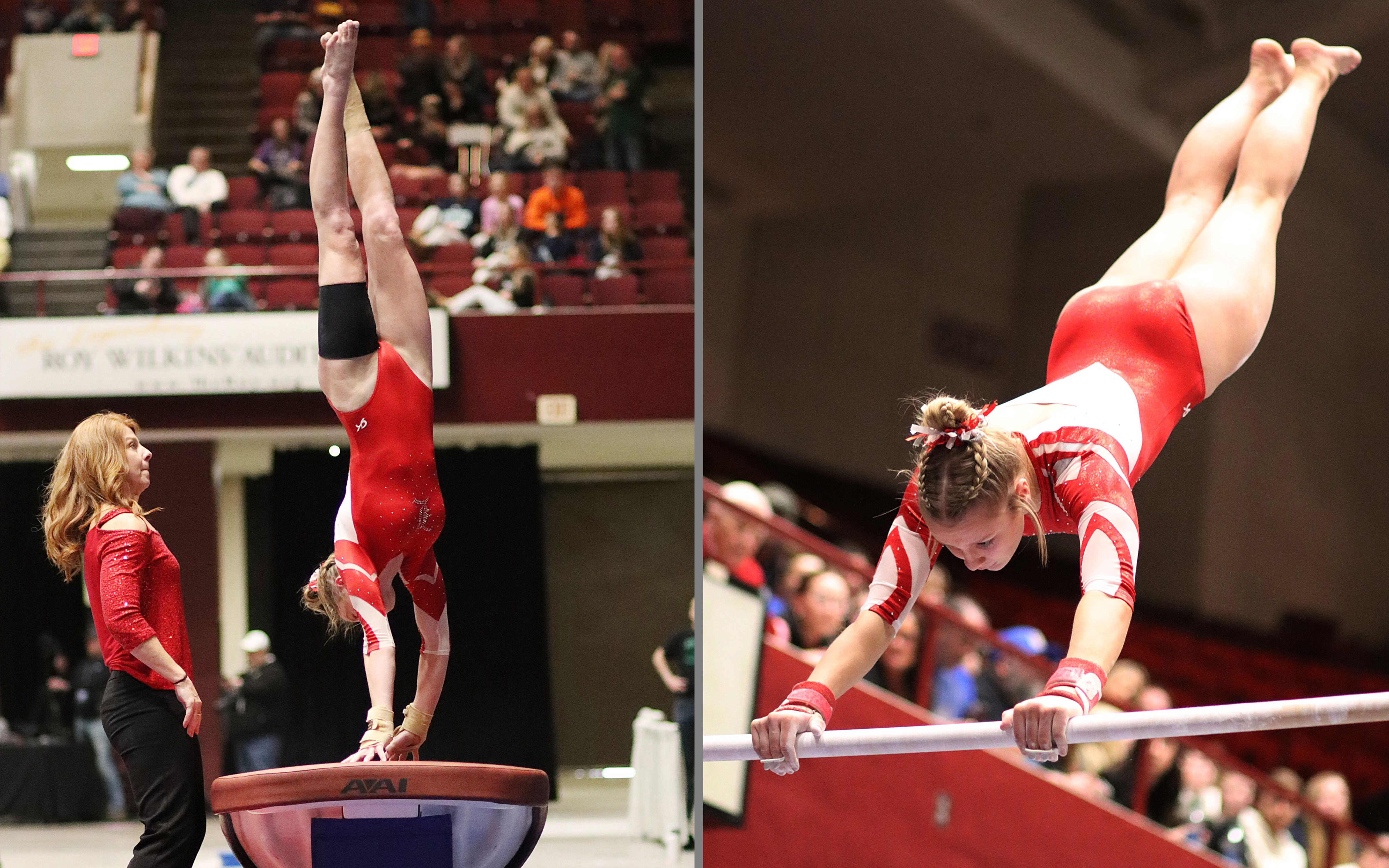 LHS junior Ella Reisdorfer (right) performs on the uneven bars at the state individual gymnastics meet Friday, Feb. 23. This was Reisdorfer’s fifth appearance at state on the bars. LHS junior Amira Cowell (left) performs on the vault at the Roy Wilkins Auditorium in St. Paul. Cowell scored a 9.2875 good for 20th place in the event.