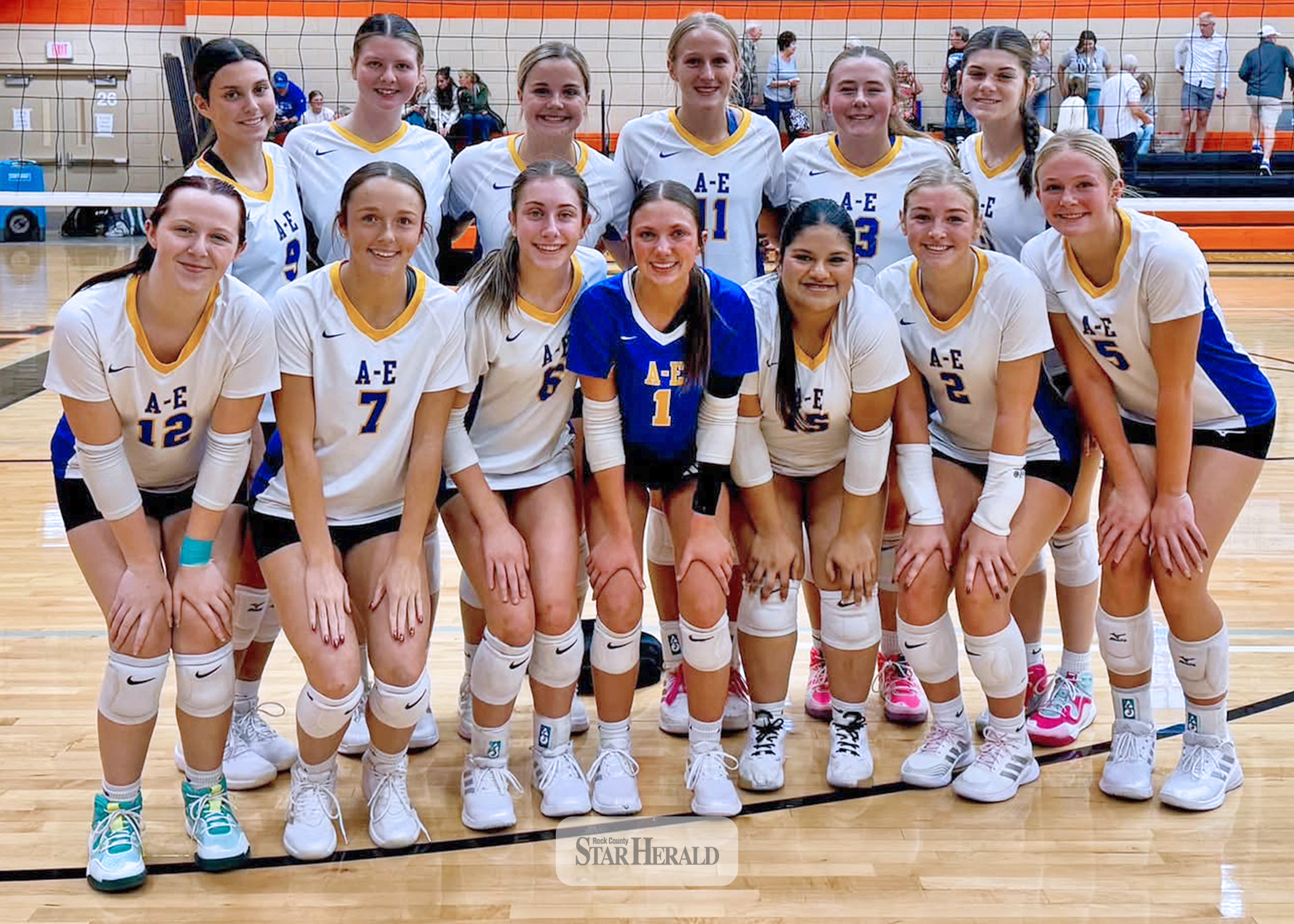 The Dragons  volleyball team  poses for a photo at the Jimmy John’s Tournament in Marshall Oct. 10  after placing  second in the event.   Players are (front left to right) Kaci Palmer, Kadelyn Cummings, Jordan Kruger, Kaedyn Bullerman, Francell Lopez Rodriguez, Ava Brown, Kamry Lehnhoff (back) Jacy Diekmann, Lily Rodrigue, Audrina Tiesler, Charlee Lehnhoff, Taylor Luing and Ashton Van Ede. (Shared image)