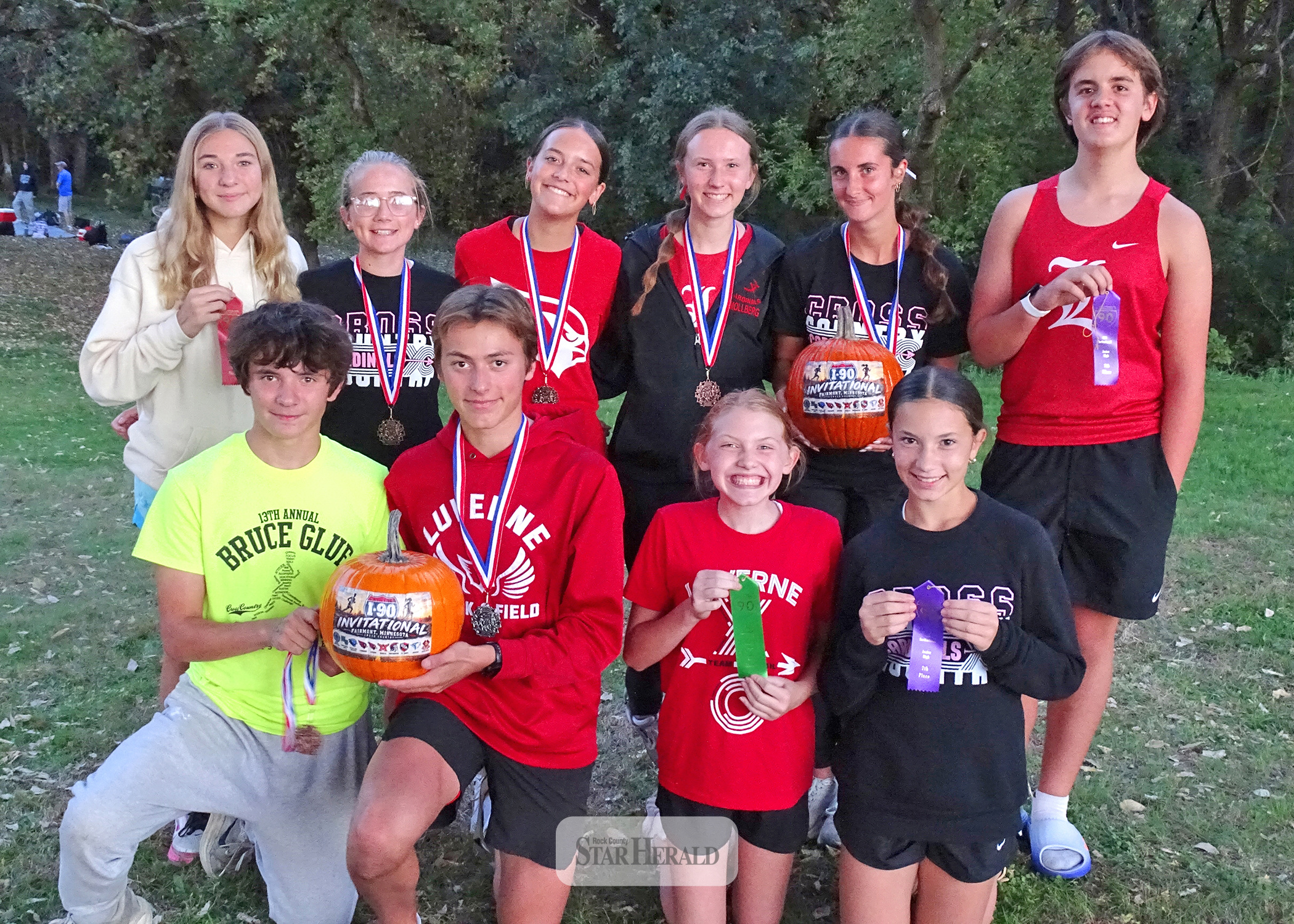 Angi Gangestad photo/LHSXC1 Several Luverne High School cross country athletes gather for a photo after the I-90 Invitational in Cedar Creek Park on Oct. 8. Athletes are (front row, from left) Kane Waddington, Marcus Papik, Nevaeh DeBoer, Hazel Mollberg, (back) Alexandra Gangestad, Emary Zwaan, Sophia Nolz, Summer Mollberg, Khloe Visker and Rory Nolz.