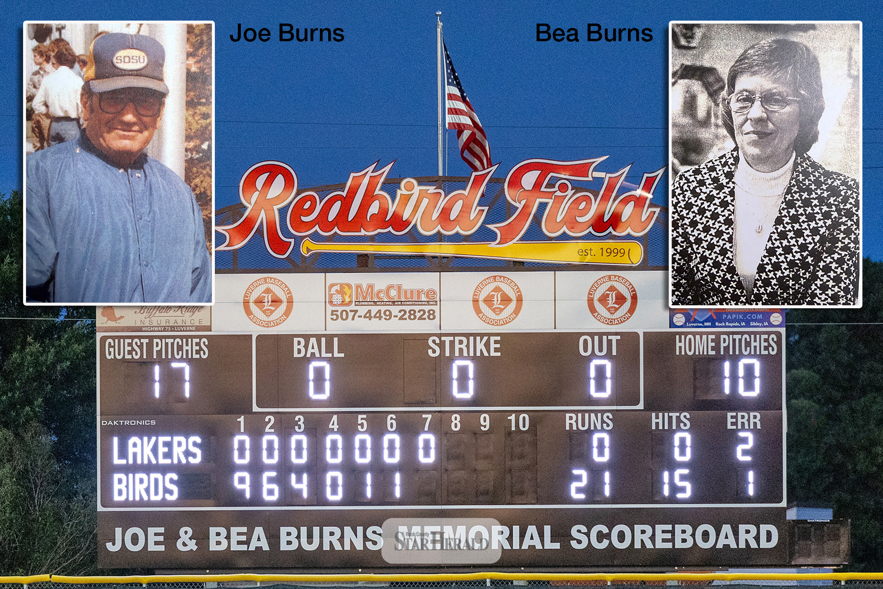 The Burns children, Becky, Tom, Jean and Tim, donated funds for the scoreboard in memory of their parents Joe and Bea Burns and their love of baseball.