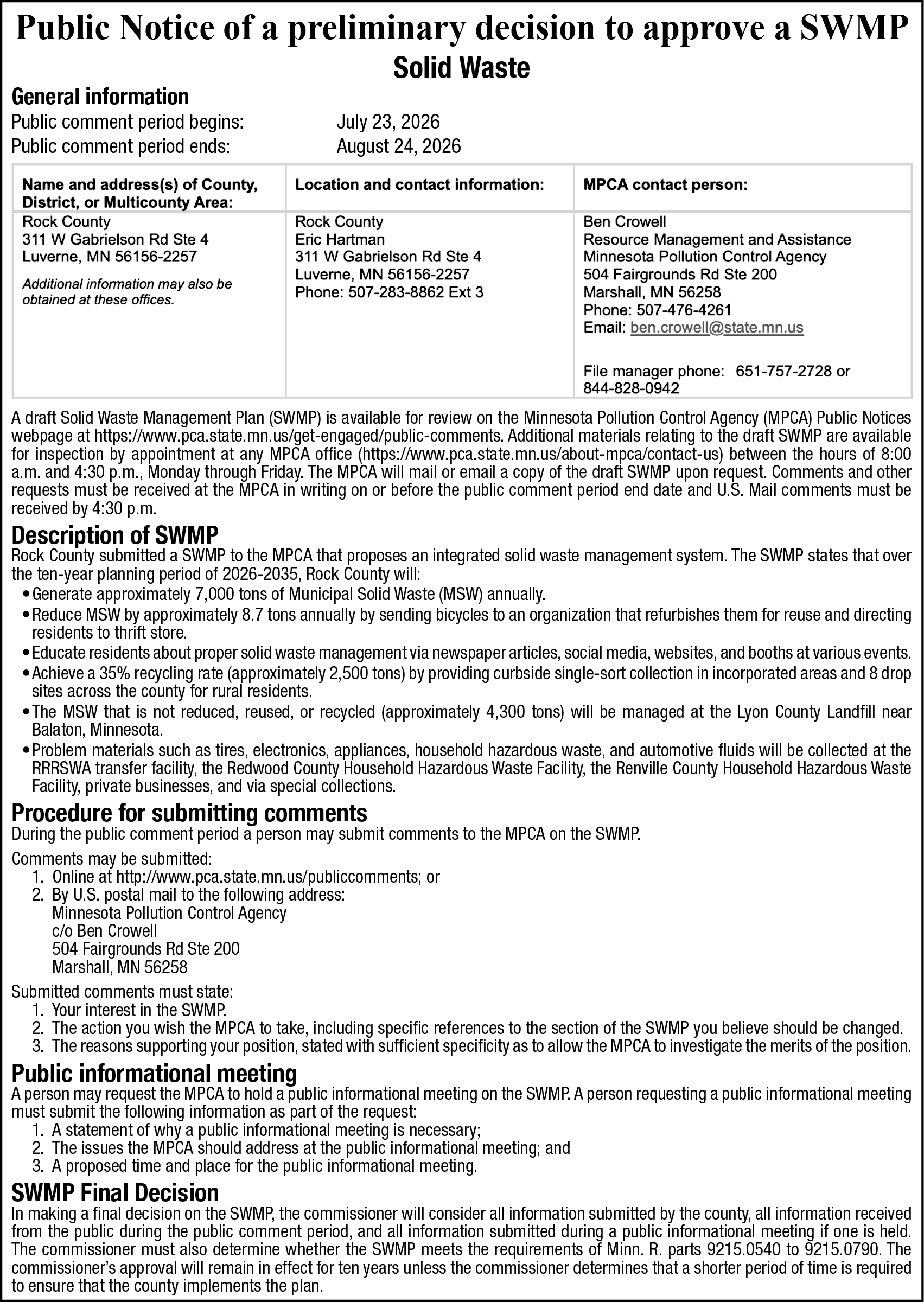 Public notice SWMP MNA legal
