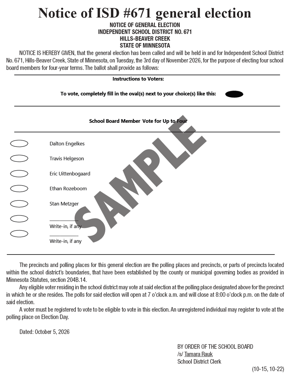 Notice of general election for ISD 671