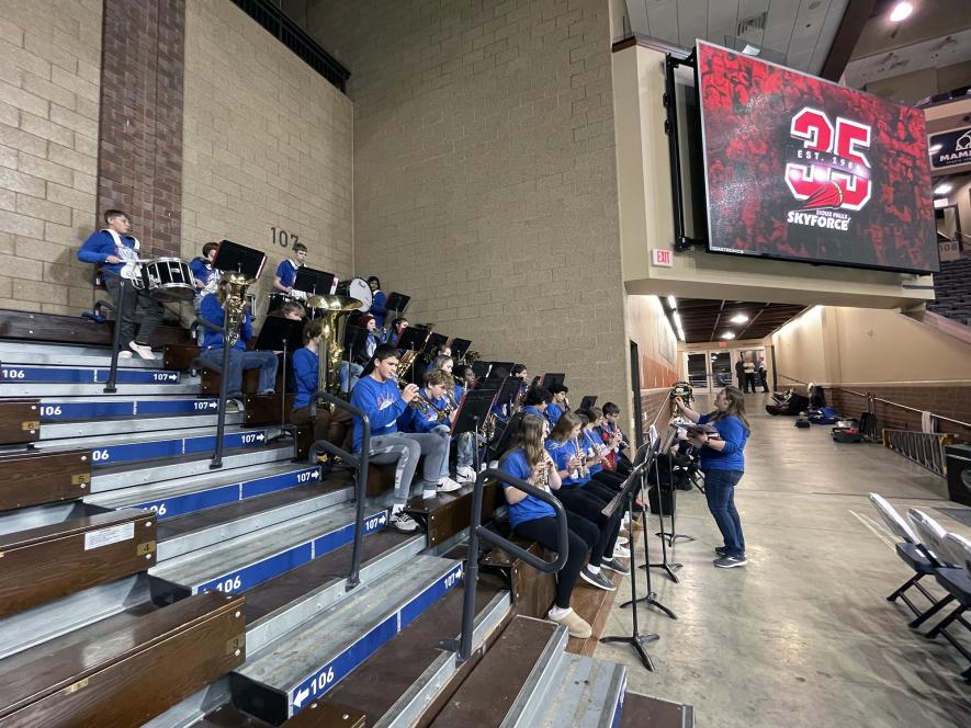 Amy Comp leads the Hills-Beaver Creek High School pep band in pregame revelry Sunday at the Sanford Pentagon in Sioux Falls prior to the start of the Sioux Falls Skyforce game. Submitted Photo