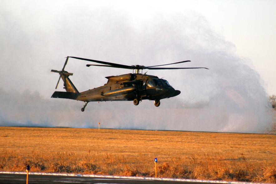 A Minnesota National Guard Black Hawk helicopter taxies down the runway Tuesday morning in the small dusting of overnight snow at the Quentin Aanenson Airport in Luverne. The helicopter picked up local Guard recruiter SSG Gabrielle Bullerman for a special recognition in her honor in the Twin Cities. Mavis Fodness/Rock County Star Herald Photo