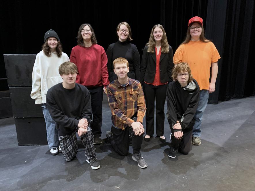 Eight Luverne High School students will present the one act play, “A Game,” Saturday afternoon at the subsection competition in Pipestone. They are Shane Travis (front, left), Elijah Henrichs, Thomas Held, (back) Isabella Benson, Makayla Oechsle, Brianna Kinsinger, Rebecca Hoogland and Hallie Pergande. Mavis Fodness/Rock County Star Herald Photo