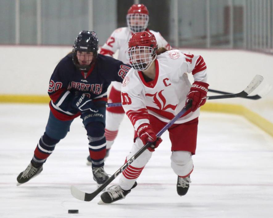 Junior Payton Behr works the puck into Albert Lea’s zone Tuesday, Jan. 16, in Luverne. LHS fell 2-1 to the Tigers in the game.