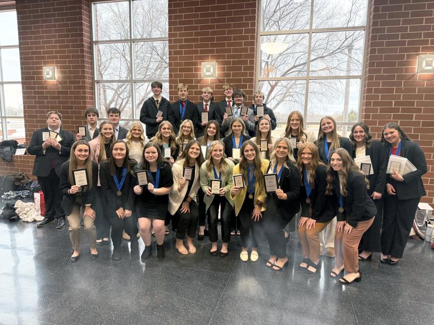 The students who placed at the Region 8 event on Jan. 17 and will compete at state include (front, from left) Ella Schmuck, Paige Kubesh, Elaine Nath, Maria Rops, Ella Reisdorfer, Payton Behr, Kylie VanderLugt, Anna Banck, Julia Beyer, (second) Jenna Bullerman, Tenley Behr, Kylie Kindt, Regan Mehlhaff, Autumn Bailey, Hazel Sailor, Ingrid Mostad, Taya Johnson, Kassidy Saarloos, Izzy Steensma, Rylee Kurtz, (third) Xavier McKenzie, Gavin Hoven, Charlie Mostad, (back) Sage Viessman, Jaydon Johnson, Kasey Buss, 