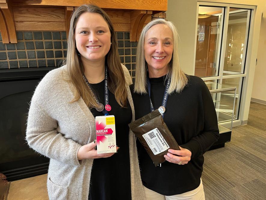 Sanford Luverne drug and alcohol counselors Stephanie Pierce (left) and Emma Lysne have led over 45 sessions to date to train more than 1,200 people in naloxone administration.