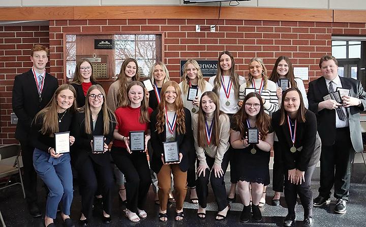 The Luverne High School Business Professionals of America chapter will send 22 students to compete at the Minnesota BPA Conference in March. Showing their hardware earned at the recent Region 8 Conference are (front, from left) Sarah Stegenga, Kylie Kindt, Abby Boltjes, Anna Banck, Julia Beyer, Elaine Nath, Paige Kubesh, (back) Jaydon Johnson, Nora Louwagie, Payton Behr, Kylie Vander Lugt, Ella Reisdorfer, Kiesli Smith, Kayla Bloemendaal, Maria Rops and Xavier McKenzie. Contributed Photo