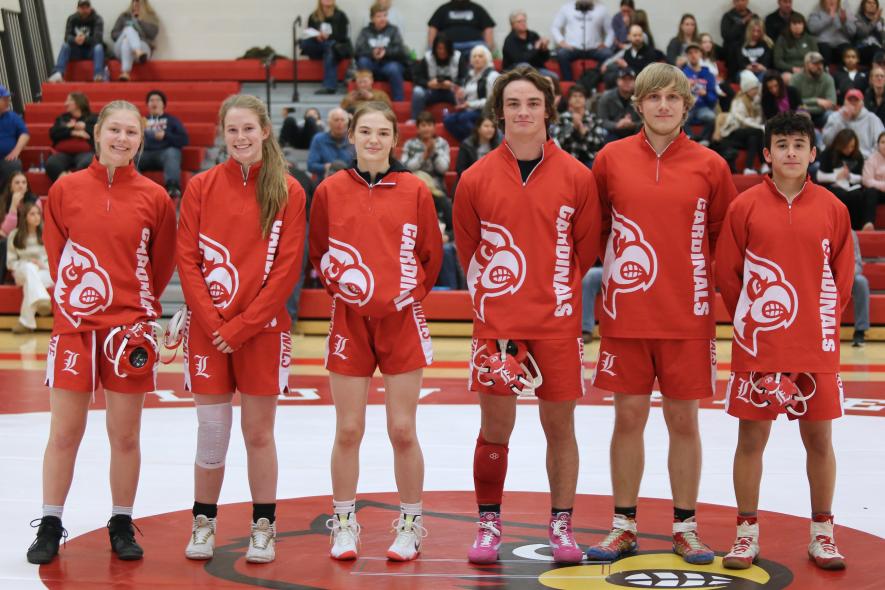 Luverne senior wrestlers Brynn Boyenga (left), Julia Hoogland, Zakada Bradley, Sam Rock, Cash Bonnett and Uriel Hernandez were honored at the Luverne meet Thursday, Jan. 25, along with parents of the wrestlers.