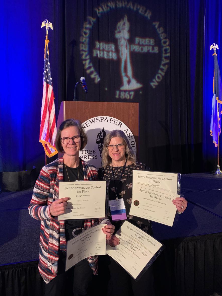 Rock County Star Herald reporter Mavis Fodness (left) and Star Herald production manager and designer Heather Johnson attended the 2025 Minnesota Newspaper Association Convention in Bloomington Jan. 29-31 to accept Better Newspaper Contest awards on behalf of the Star Herald. They also participated in annual MNA training and industry information seminars.