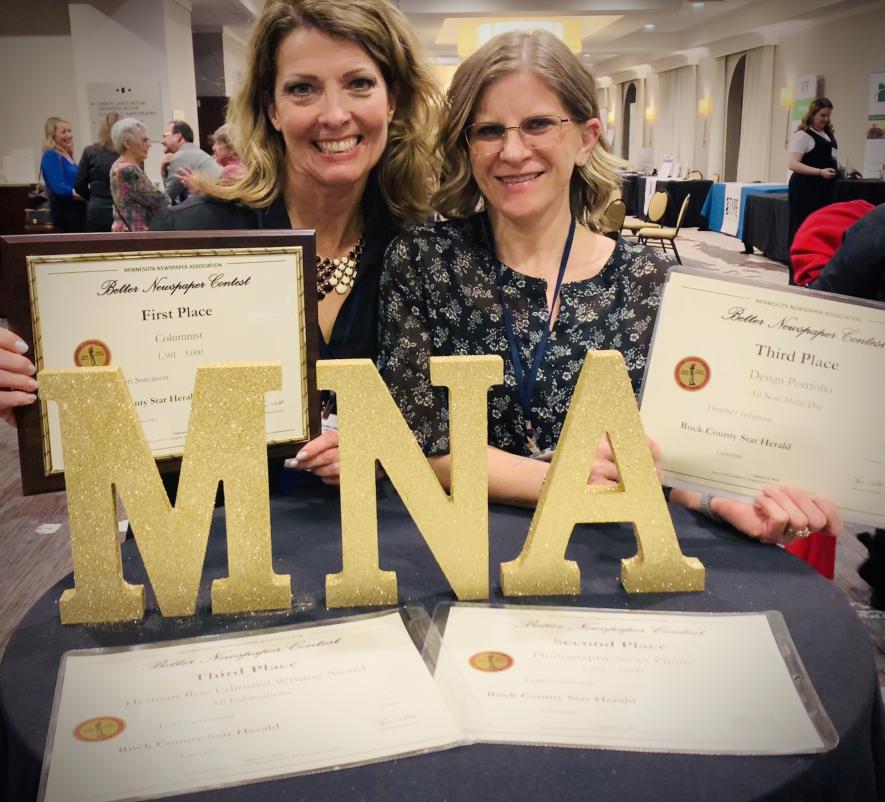 Star Herald editor Lori Sorenson (left) and production manager Heather Johnson were honored at the Minnesota Newspaper Association Convention last week. Mavis Fodness/Rock County Star Herald Photo