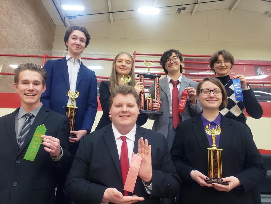 Seven Luverne High School speech team members earned awards Saturday at the Worthington Invitational Speech Tournament. Pictured (front, from left) are William Johnson, Xavier McKenzie, Bri Kinsinger, (back) Zander Carbonneau, Jessika Tunnissen, Makayla Oeschle and Zoey Berghorst. Submitted Photo