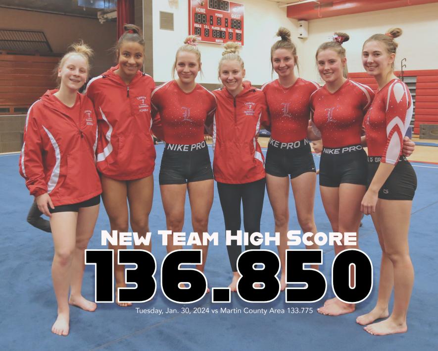 Against Fairmont Tuesday, Jan. 30, Luverne won the meet and scored a new varsity team high score of 136.850. Pictured left to right: are varsity athletes seventh-grader Maesa Boyenga, sophomore Kianna Winter, junior Ella Reisdorfer, sophomore Addison Mann, junior Kendra Thorson, junior Amira Cowell and freshman Reagan Gangestad.
