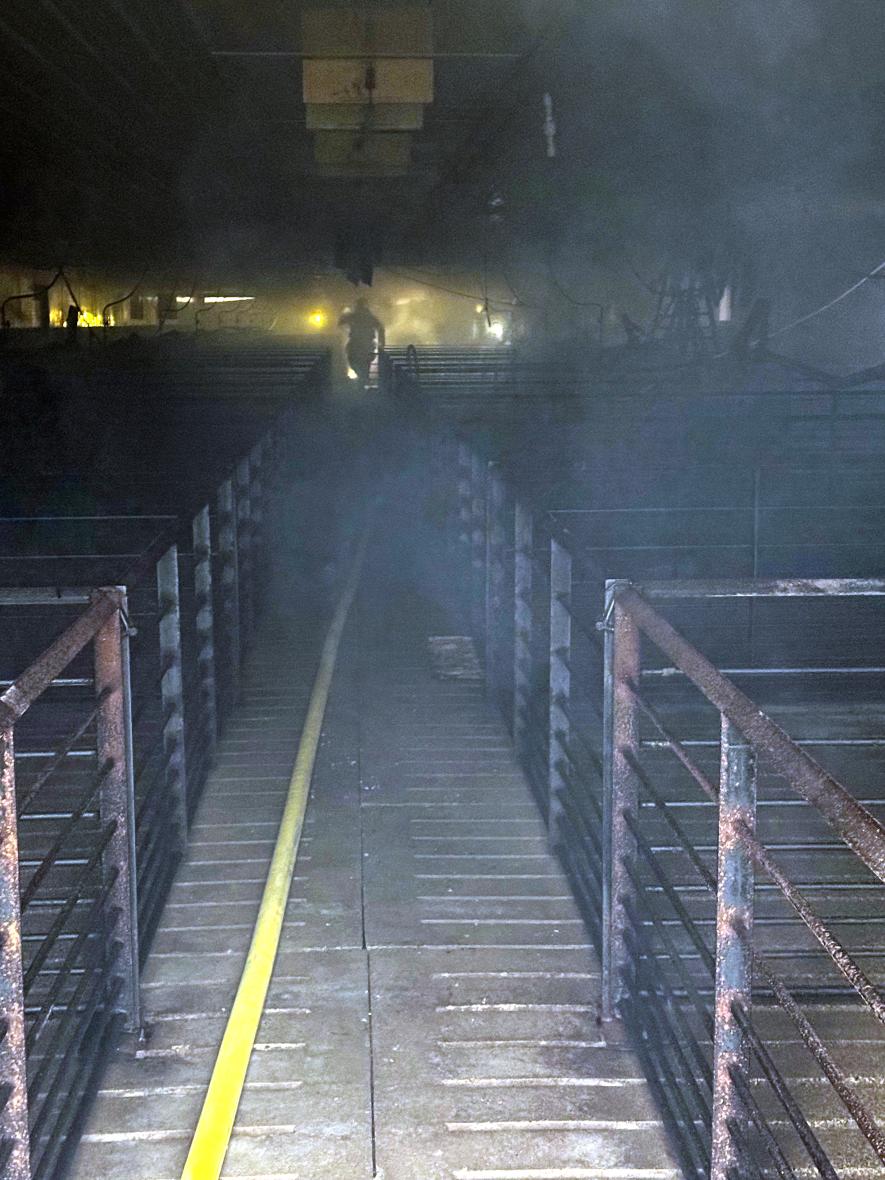 Volunteer firefighters from Hills and Luverne enter the empty hog production facility at 1153 41st St. near Steen Wednesday, Feb. 5, to extinguish the fire that was contained in the attic. Photo courtesy of the Luverne Fire Department