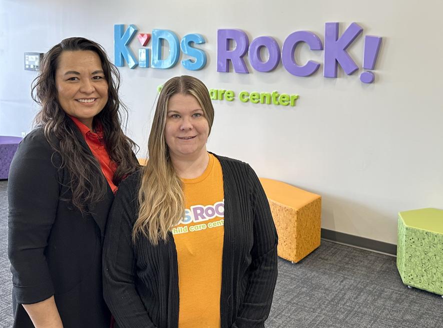 Andrea Smith, Luverne (left), was recently hired as assistant director of the Kids Rock! Child Care Center. She's pictured with director Sara Robertson in the facility entry way Tuesday. Lori Sorenson/Rock County Star Herald Photo