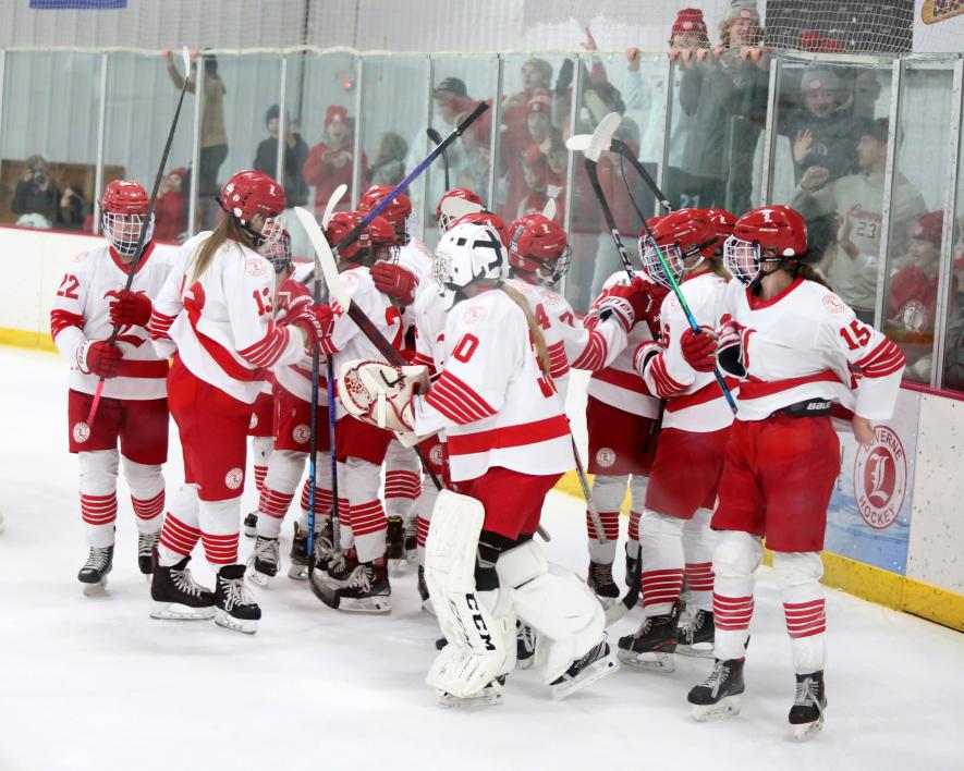 The Luverne girls’ hockey team and fans celebrate their Section 3A overtime win over New Ulm Saturday, Feb. 10, in Luverne. The Cardinals beat the Eagles 3-2 with 28 seconds left in the first overtime period and were scheduled to play Marshall Tuesday, Feb. 13, for the Section Championship in St. Peter. 