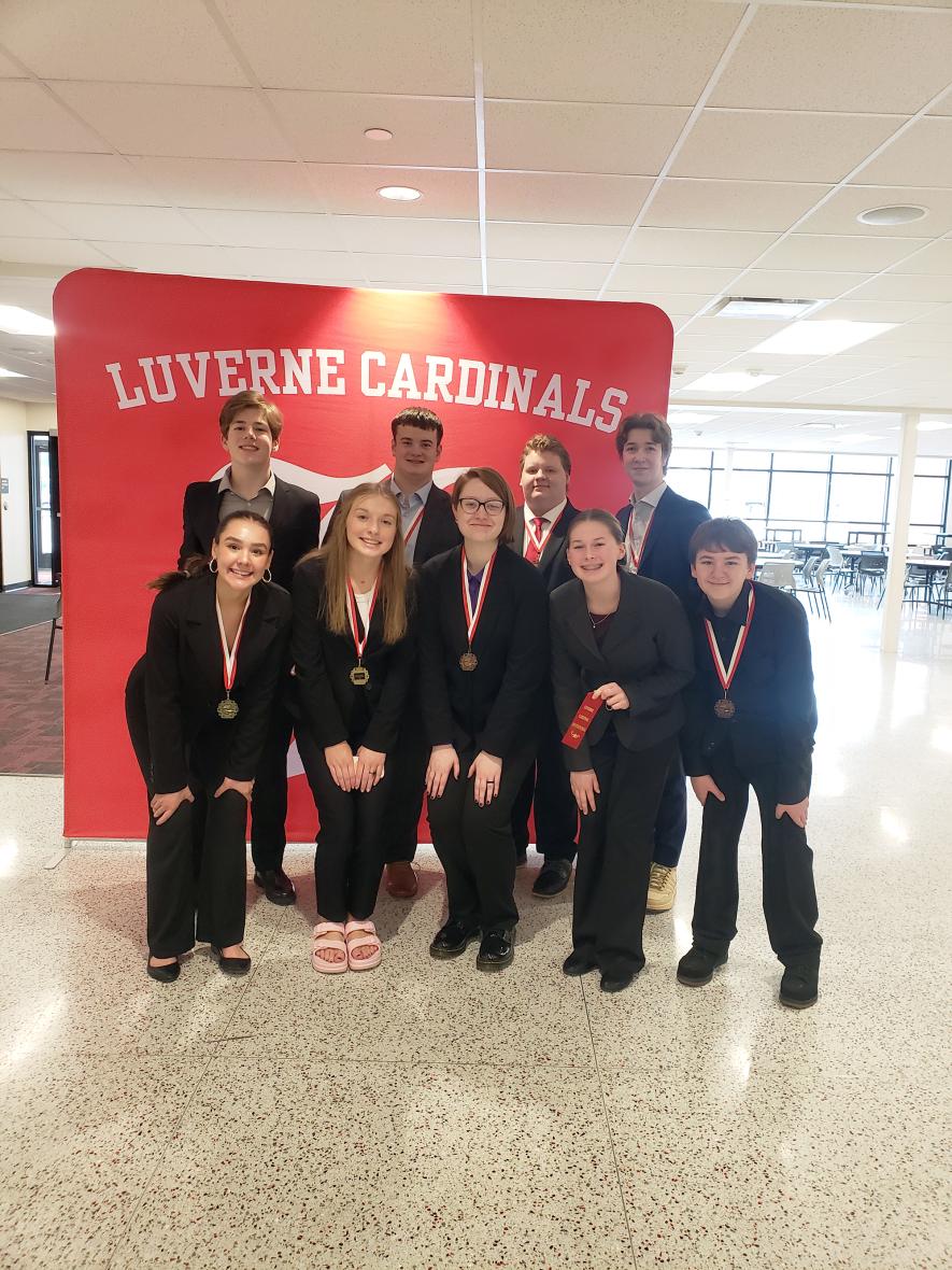 Nine Luverne speech team members earned awards Saturday at the Luverne Invitational Speech Tournament in Luverne. Pictured are (front, from left) Roselynn Hartshorn, Jessika Tunnissen, Bri Kinsinger, Bridget Sandager, Jackson Viger, (back) Tyler Hodge, Charlie Mostad, Xavier McKenzie and Zander Carbonneau. Submitted Photo
