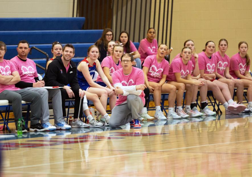 The Hills-Beaver Creek girls’ basketball players and coaches donned pink “Sophie’s Soldiers” T-shirts for the Slinkys for Sophie fundraiser Feb. 13 in the school gymnasium. The Patriots won the game 68-16 over Red Rock Central High School, Lamberton. The win gave the Patriots the 2025 Red Rock Conference championship. Samantha McGaffee photo