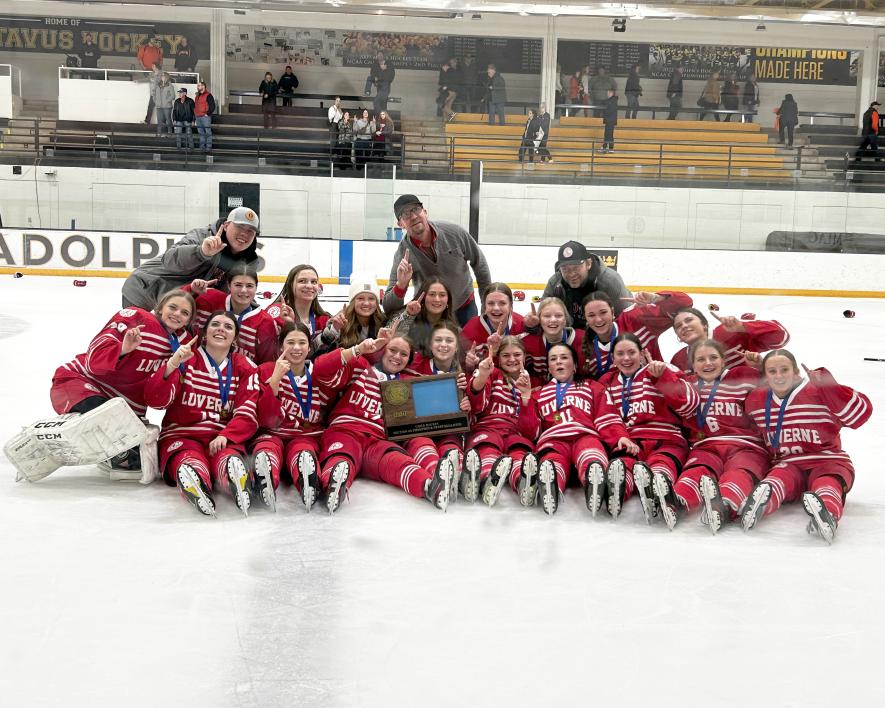 The Luverne Cardinals girls’ hockey team, coaches and team managers celebrate their Section 3A Championship game win. Pictured are (front, from left) Emma Saarloos, Hannah Woodley, Paula Martinez, Anika Boll, Payton Behr, Tenley Behr, Ellie Van Batavia, Macie Edstrom, Kassidy Saarloos, Marlee Nelson, (middle) Ella Apel, Zariah Holmgren, manager Hadley Vanderburg, manager Kenedee Franken, Greta McClure, Trinley Vandeburg, Izzy Steensma, Rylee Kurtz, (back) assistant coach Skyler Wenninger, assistant coach Ma