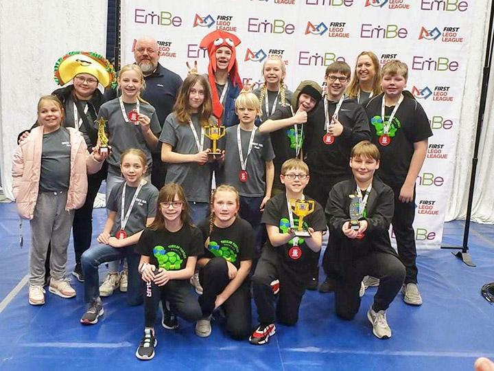 Members of the 2023-24 Hills-Beaver Creek LEGO robotics team include (front, kneeling) Eva Hubbard, Lily Fick, Elaina Bos, Zachary Zingler, Ryker Gehrke, (middle, standing) Arya Tollefson, Makaylie Voss, Kaylynn Morris, Noah Engelkes, Sam Aaning, Nic Zingler, Kaleb Olson, (back) Nora Tatge, assistant coach Josh Tollefson, Adrick Harsma, Penni Moore and coach Lexi Moore. Submitted Photo