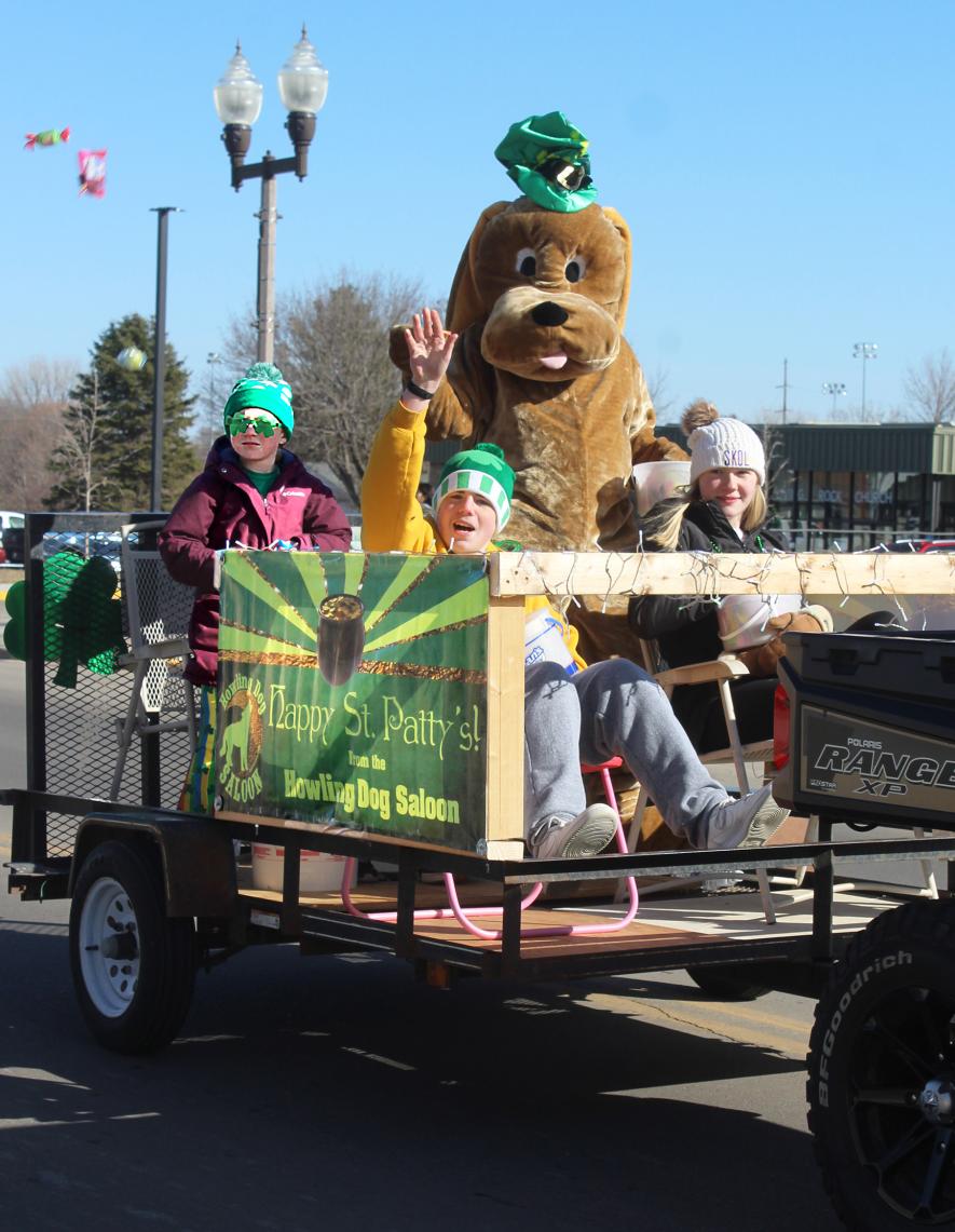 Showing some St. Patrick’s Day spirit for the Howling Dog, Luverne, are (from left) Cory Schomacker, Braxton Lafrenz, Brandon Eaton (dressed as the dog) and Macrina Reverts. Mavis Fodness/Rock County Star Herald Photo
