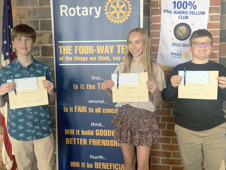 Three Luverne Middle School sixth-graders earned honors at the annual Four Way Test essay contest. Oliver Carbonneau (left) earned second place, Inge Gangestad, first, and Cooper Thone third. Gangestad’s essay on the women’s suffrage movement and its effects on women today will advance to the District 5610 contest. Contributed Photo