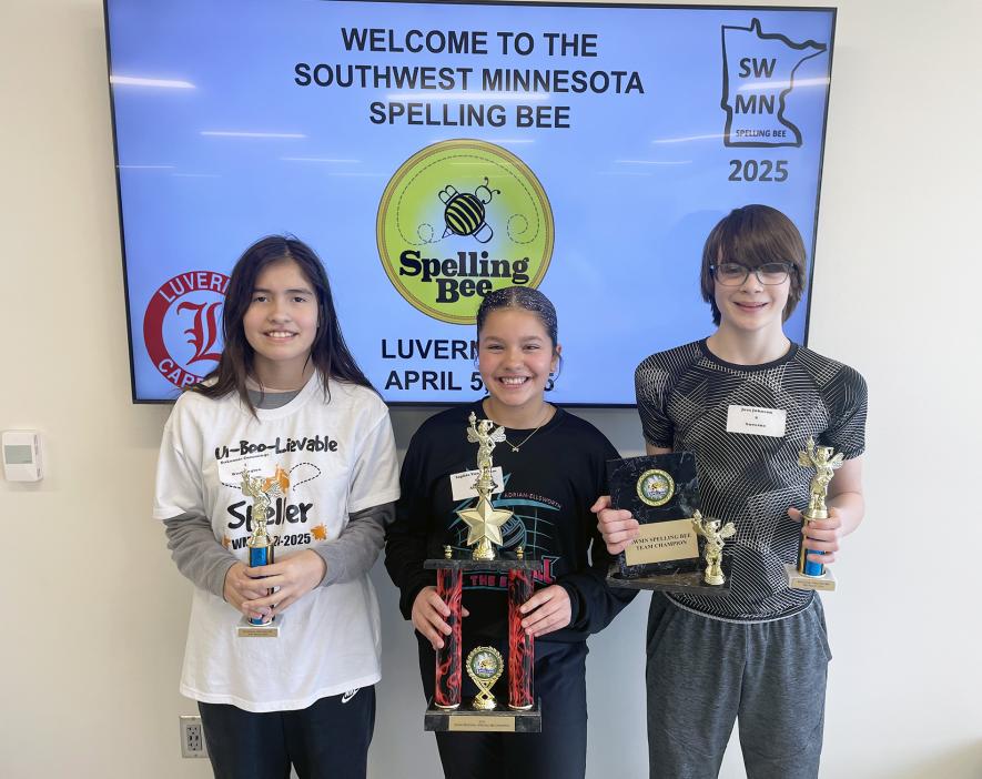 Individual winners at the Southwest Minnesota Spelling Bee Saturday in Luverne include (from left) DaLonnie Cummings, second place; Sophia Von Holtum, first place; and Joss Johnson, third place. Submitted Image 