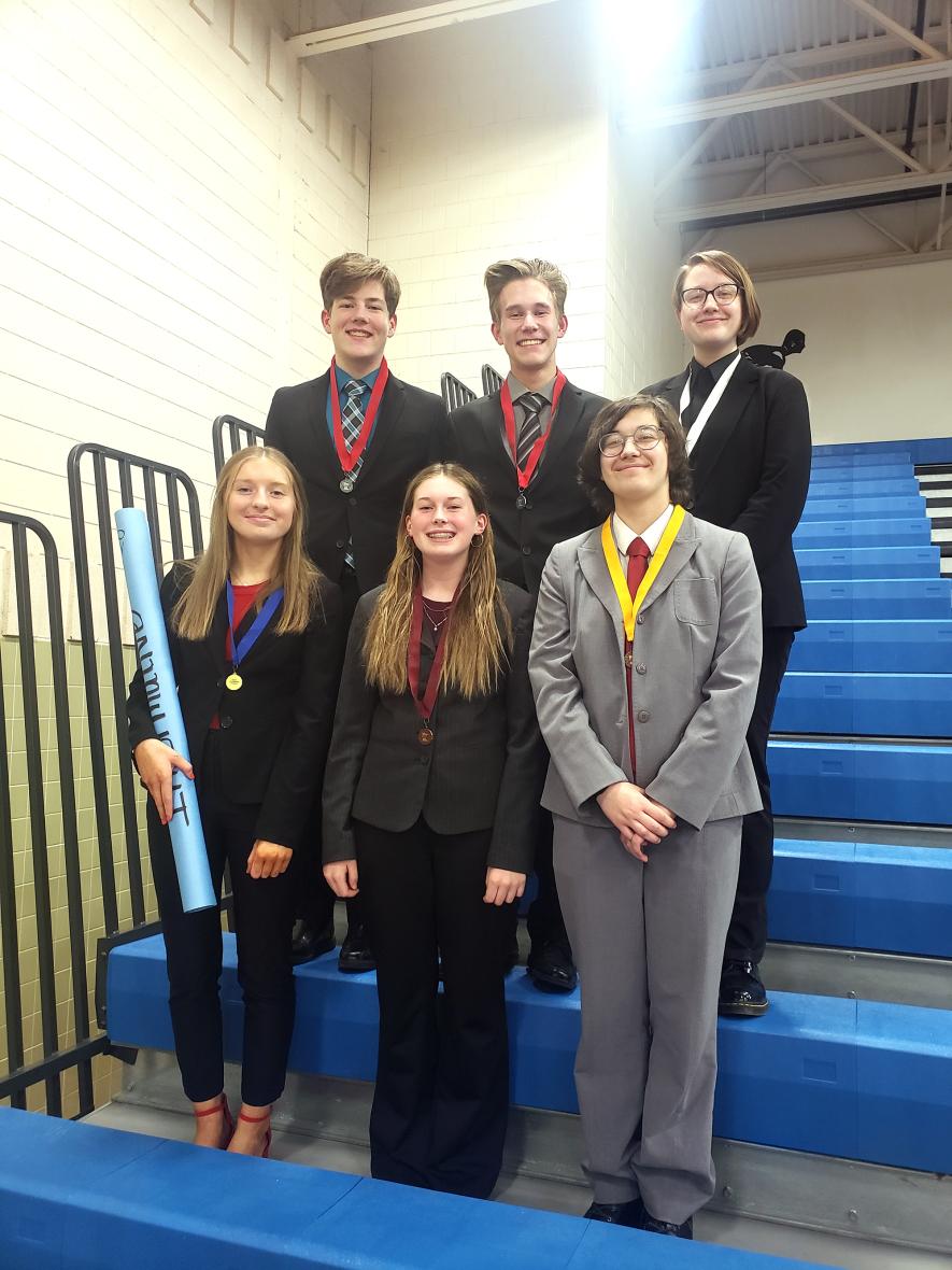 Luverne speech team members (front, from left) Jessika Tunnissen, Bridget Sandager, Makayla Oechsle, (back) Tyler Hodge, William Johnson and Bri Kinsinger placed at the sub-section meet April 2 in Windom and advance to the April 13 section speech tournament in Redwood Falls. Submitted Photo
