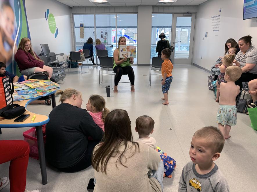 “Pages by the Poolside” at the Luverne Aquatics and Fitness took place Tuesday, April 9, in celebration of the local Early Childhood Family Education program’s 45th anniversary and the Week of the Young Child, April 8-12. After 30 minutes of reading, families swam in the pool. Mavis Fodness/Rock County Star Herald Photo