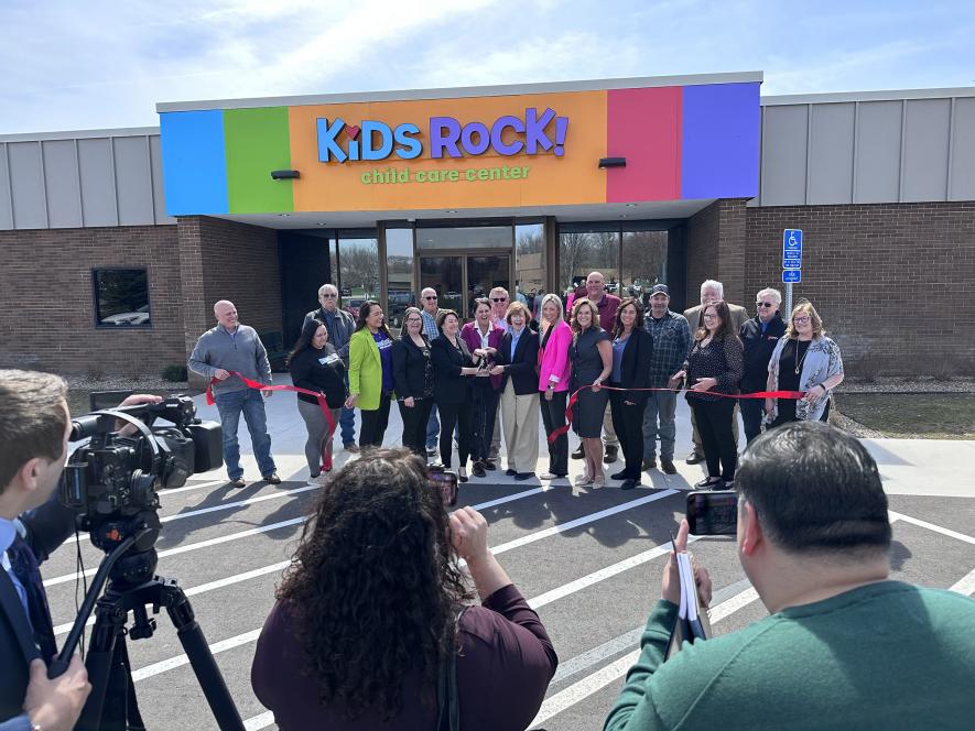 (front, from left) Rock County Commissioner Jody Reisch, Kids Rock food service director Mikayla Becker, Kids Rock Assistant Director Andrea Smith, Kids Rock Director Sara Robinson, U.S. Sen. Amy Klobuchar, Kids Rock Board President Emily Crabtree, U.S. Sen. Tina Smith, Luverne EDA Director Holly Sammons, Luverne City Council member Caroline Thorson, Kids Rock Board member Tammy Loosbrock, Luverne City Council member Mert Kracht, Rock County Commissioner Sherri ThoLori Sorenson/Rock County Star Herald Photo