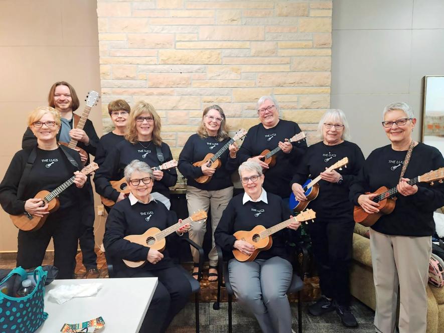 The nine-member Luverne Ukulele Group will be among the 100 music students performing at two scheduled recitals for the Luverne Street Music “Spring Showcase Recitals.” Members of the LUGS include Rhonna Jarchow (seated, left), Carol McDonald, (back) Melva Schwiedop, instructor Jesse Booker, Terri Ebert, LaDonna Iveland, Mary Rust, Maggie Schmidt, RaVae Benson and Ruth Stoakes. Submitted Image